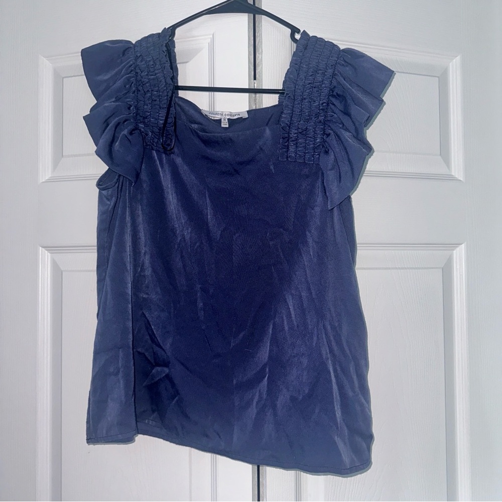 Blue Flutter Sleeve Ruffled Blouse